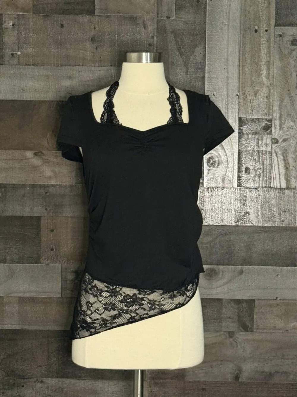 Romwe black lace ruched top girls large dark feminine 80s whimsigoth grunge emo